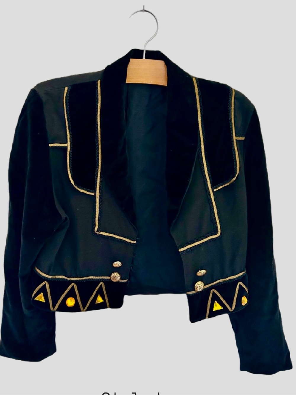 Vintage 80s Cropped Black Velvet Military Bolero Jacket Gold Trim Jeweled S